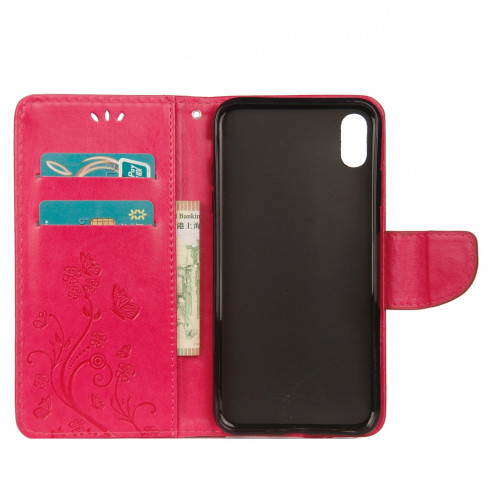 Étui à rabat horizontal avec motif papillon en relief avec fente pour cartes, porte-monnaie et porte-monnaie et lanière pour iPhone XR (Magenta) SH039M1346-09