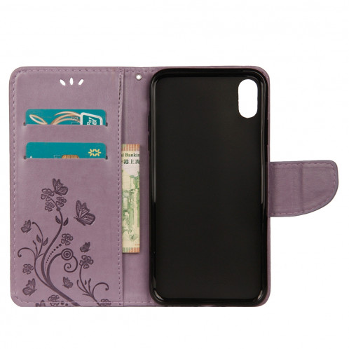 Étui à rabat horizontal avec motif papillon en relief avec fente pour carte, porte-monnaie et porte-monnaie et lanière pour iPhone XR (violet) SH039P1702-09