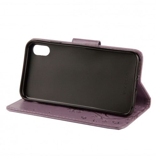 Étui à rabat horizontal avec motif papillon en relief avec fente pour carte, porte-monnaie et porte-monnaie et lanière pour iPhone XR (violet) SH039P1702-09