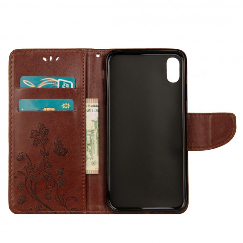 Étui à rabat horizontal avec motif papillon en relief avec fente pour cartes, porte-monnaie et porte-monnaie et lanière pour iPhone XR (marron) SH039Z1155-09