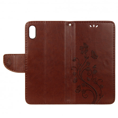 Étui à rabat horizontal avec motif papillon en relief avec fente pour cartes, porte-monnaie et porte-monnaie et lanière pour iPhone XR (marron) SH039Z1155-09