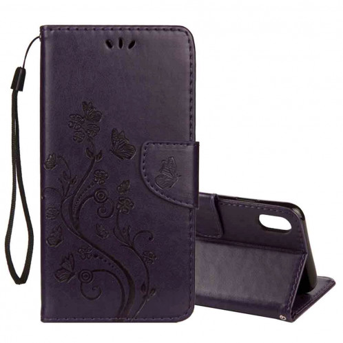 Étui à rabat horizontal en cuir avec motif papillon en relief, porte-cartes, porte-monnaie et porte-monnaie pour iPhone XS Max (violet foncé) SH14DZ1062-09