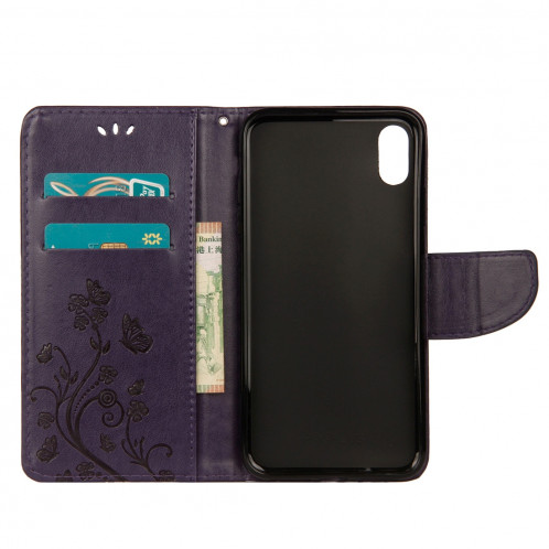 Étui à rabat horizontal en cuir avec motif papillon en relief, porte-cartes, porte-monnaie et porte-monnaie pour iPhone XS Max (violet foncé) SH14DZ1062-09