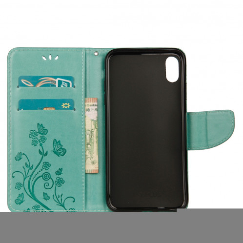 Étui à rabat horizontal en cuir avec motif papillon en relief avec porte-cartes et porte-monnaie et porte-monnaie pour iPhone XS Max (vert) SH014G1091-09