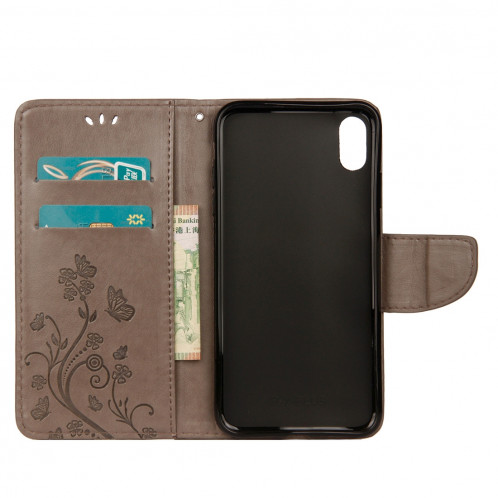 Étui à rabat horizontal avec motif papillon en relief avec fente pour cartes et support et porte-monnaie et lanière pour iPhone XS Max (gris) SH014H175-09