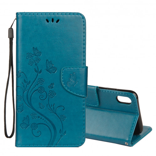 Étui à rabat horizontal en cuir avec motif papillon en relief avec porte-cartes et porte-monnaie et porte-monnaie pour iPhone XS Max (bleu) SH014L697-09