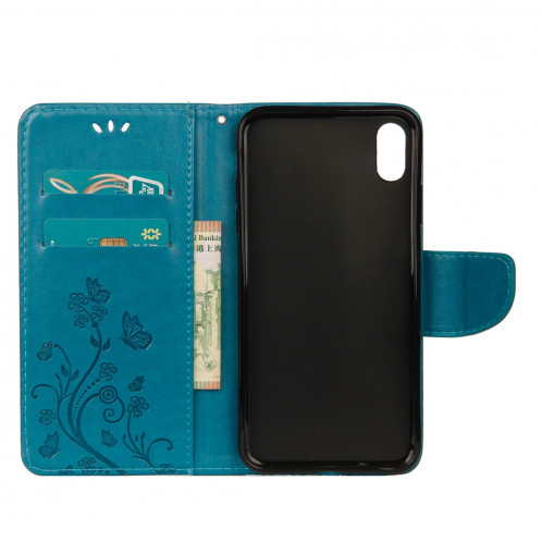 Étui à rabat horizontal en cuir avec motif papillon en relief avec porte-cartes et porte-monnaie et porte-monnaie pour iPhone XS Max (bleu) SH014L697-09