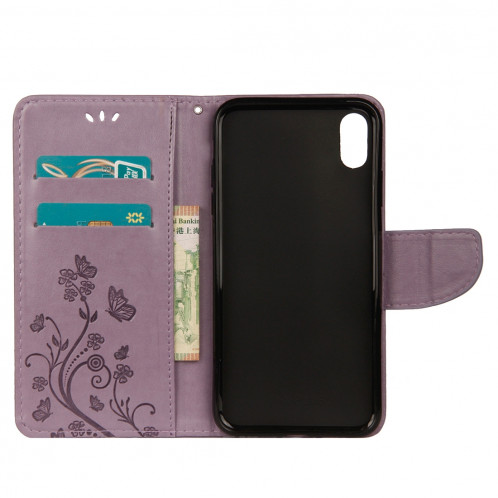 Étui à rabat horizontal avec motif papillon en relief avec fente pour carte et porte-monnaie et porte-monnaie pour iPhone XS Max (mauve) SH014P1867-09