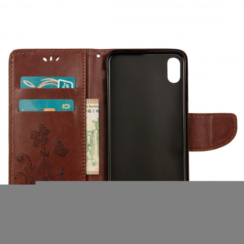 Étui à rabat horizontal avec motif papillon en relief avec fente pour cartes, porte-monnaie et porte-monnaie et lanière pour iPhone XS Max (marron) SH014Z1253-09