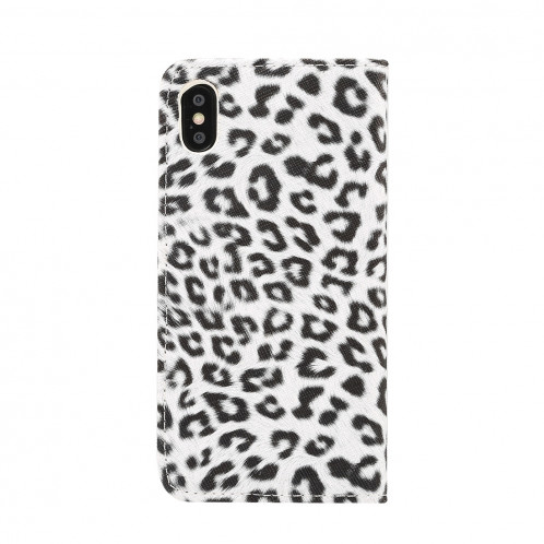 Étui à rabat horizontal en cuir motif léopard pour iPhone XS Max, avec porte-monnaie et fentes pour cartes (blanc) SH210W749-07