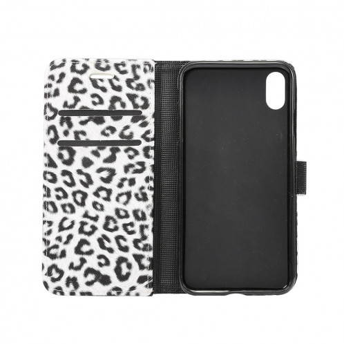 Étui à rabat horizontal en cuir motif léopard pour iPhone XS Max, avec porte-monnaie et fentes pour cartes (blanc) SH210W749-07