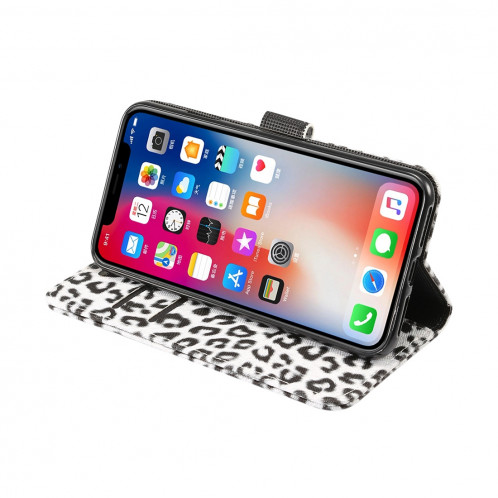 Étui à rabat horizontal en cuir motif léopard pour iPhone XS Max, avec porte-monnaie et fentes pour cartes (blanc) SH210W749-07