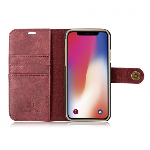 DG.MING pour iPhone X / XS Crazy Horse Texture Housse de protection magnétique détachable avec support et fentes pour cartes et porte-monnaie (rouge) SD080R876-09