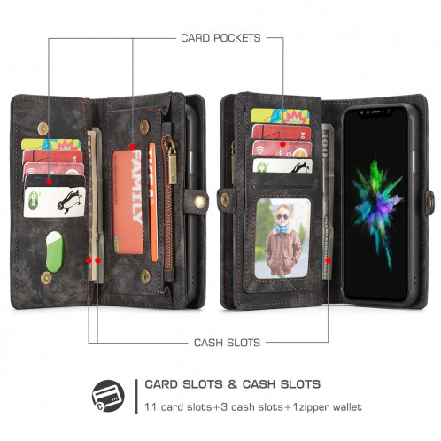 CaseMe-008 pour iPhone X / XS TPU + PC Absorption magnétique amovible couverture arrière horizontale en cuir avec support et fentes pour cartes & Zipper Wallet & cadre photo (noir) SC922B326-012