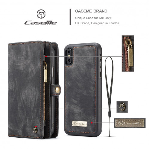 CaseMe-008 pour iPhone X / XS TPU + PC Absorption magnétique amovible couverture arrière horizontale en cuir avec support et fentes pour cartes & Zipper Wallet & cadre photo (noir) SC922B326-012