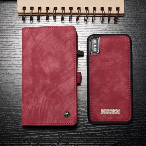CaseMe-008 pour iPhone X / XS TPU + PC Absorption magnétique Dos détachable Housse en cuir horizontale avec support et fentes pour cartes & Zipper Wallet & Cadre photo (Rouge) SC922R1399-012