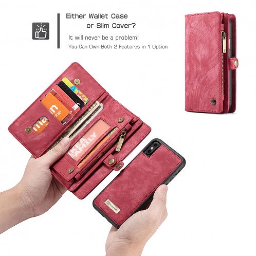 CaseMe-008 pour iPhone X / XS TPU + PC Absorption magnétique Dos détachable Housse en cuir horizontale avec support et fentes pour cartes & Zipper Wallet & Cadre photo (Rouge) SC922R1399-012