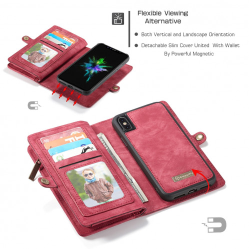 CaseMe-008 pour iPhone X / XS TPU + PC Absorption magnétique Dos détachable Housse en cuir horizontale avec support et fentes pour cartes & Zipper Wallet & Cadre photo (Rouge) SC922R1399-012