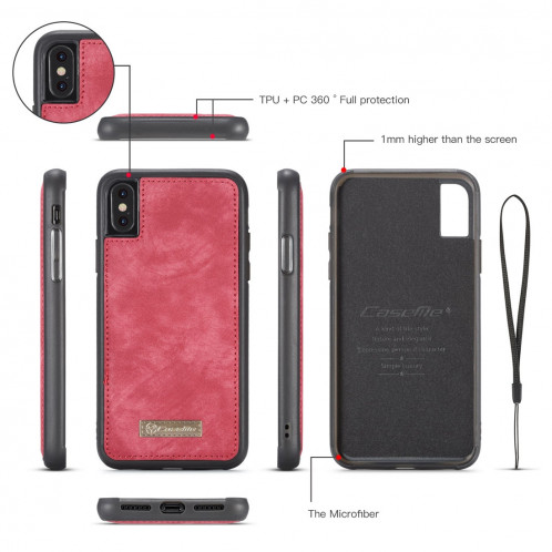 CaseMe-008 pour iPhone X / XS TPU + PC Absorption magnétique Dos détachable Housse en cuir horizontale avec support et fentes pour cartes & Zipper Wallet & Cadre photo (Rouge) SC922R1399-012