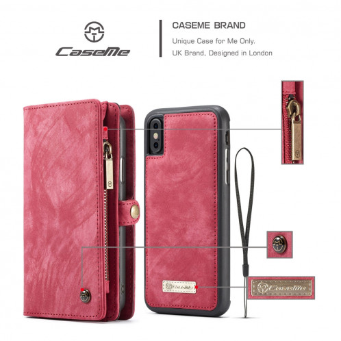 CaseMe-008 pour iPhone X / XS TPU + PC Absorption magnétique Dos détachable Housse en cuir horizontale avec support et fentes pour cartes & Zipper Wallet & Cadre photo (Rouge) SC922R1399-012