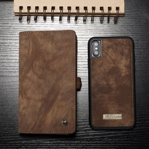 CaseMe-008 pour iPhone X / XS TPU + PC Absorption magnétique amovible couverture arrière Housse en cuir horizontale avec support et fentes pour cartes & Zipper Wallet & cadre photo (marron) SC922Z677-012