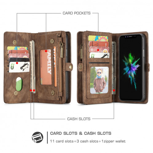 CaseMe-008 pour iPhone X / XS TPU + PC Absorption magnétique amovible couverture arrière Housse en cuir horizontale avec support et fentes pour cartes & Zipper Wallet & cadre photo (marron) SC922Z677-012