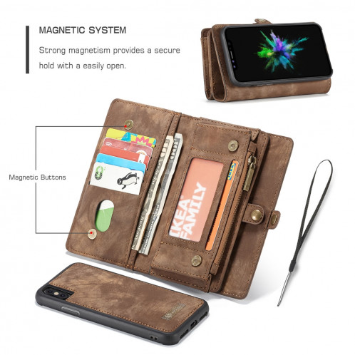 CaseMe-008 pour iPhone X / XS TPU + PC Absorption magnétique amovible couverture arrière Housse en cuir horizontale avec support et fentes pour cartes & Zipper Wallet & cadre photo (marron) SC922Z677-012