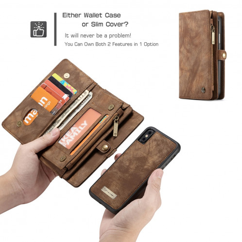 CaseMe-008 pour iPhone X / XS TPU + PC Absorption magnétique amovible couverture arrière Housse en cuir horizontale avec support et fentes pour cartes & Zipper Wallet & cadre photo (marron) SC922Z677-012