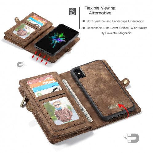 CaseMe-008 pour iPhone X / XS TPU + PC Absorption magnétique amovible couverture arrière Housse en cuir horizontale avec support et fentes pour cartes & Zipper Wallet & cadre photo (marron) SC922Z677-012