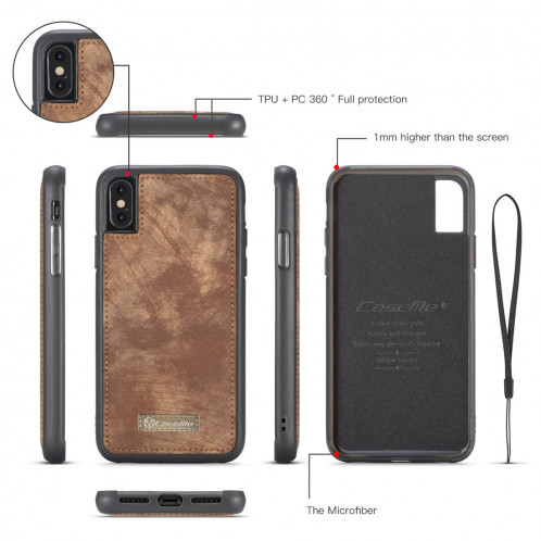 CaseMe-008 pour iPhone X / XS TPU + PC Absorption magnétique amovible couverture arrière Housse en cuir horizontale avec support et fentes pour cartes & Zipper Wallet & cadre photo (marron) SC922Z677-012