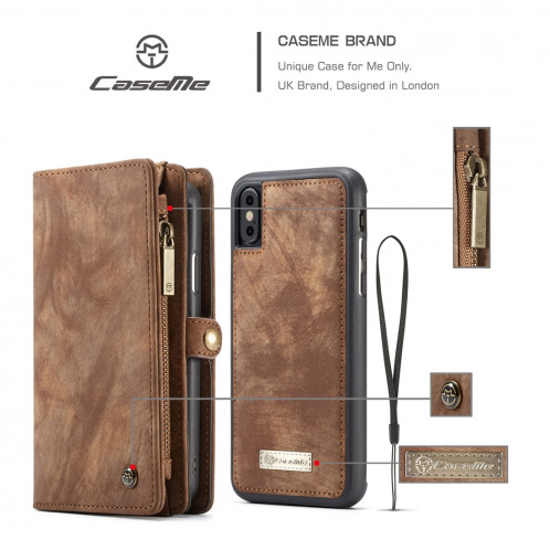 CaseMe-008 pour iPhone X / XS TPU + PC Absorption magnétique amovible couverture arrière Housse en cuir horizontale avec support et fentes pour cartes & Zipper Wallet & cadre photo (marron) SC922Z677-012