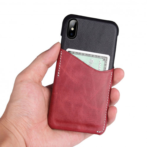 Pour iPhone X / XS Contraste Couleur PU En Cuir Protecteur Dos Étui avec Fente Pour Carte (Rouge) SH113R720-06