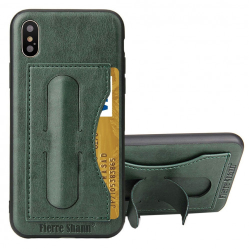 Fierre Shann Pour iPhone X pleine couverture housse de protection en cuir avec titulaire et fente pour carte (vert) SF960G1602-010