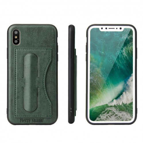 Fierre Shann Pour iPhone X pleine couverture housse de protection en cuir avec titulaire et fente pour carte (vert) SF960G1602-010