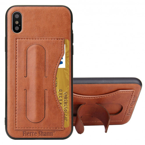 Fierre Shann Pour iPhone X pleine couverture Housse en cuir avec support et fente pour carte (brun) SF960Z1902-010