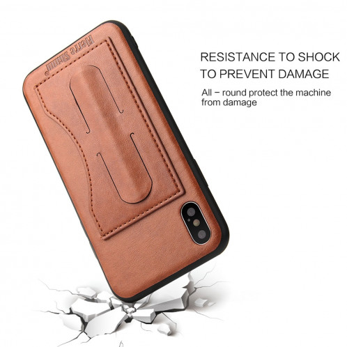 Fierre Shann Pour iPhone X pleine couverture Housse en cuir avec support et fente pour carte (brun) SF960Z1902-010