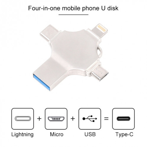 Cross 4 en 1 64 Go 8 broches + Micro USB + USB-C / Type-C + USB 3.0 Disque Flash Métallique (Argent) SH283S43-09