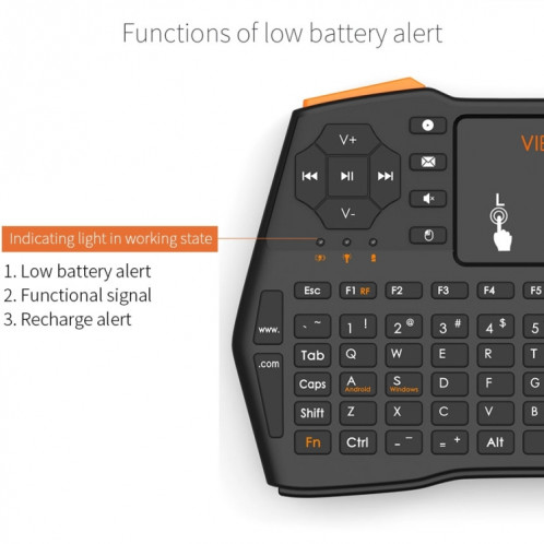 VIBOTON i8 Plus Mis à jour 2.4GHz QWERT Mini clavier sans fil avec pavé tactile pour TV Box, Mi Box, ordinateur, tablette, ordinateur portable et projecteur (Noir) SV20901583-013