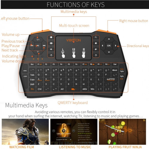 VIBOTON i8 Plus Mis à jour 2.4GHz QWERT Mini clavier sans fil avec pavé tactile pour TV Box, Mi Box, ordinateur, tablette, ordinateur portable et projecteur (Noir) SV20901583-013