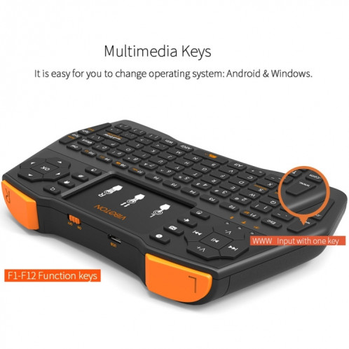 VIBOTON i8 Plus Mis à jour 2.4GHz QWERT Mini clavier sans fil avec pavé tactile pour TV Box, Mi Box, ordinateur, tablette, ordinateur portable et projecteur (Noir) SV20901583-013