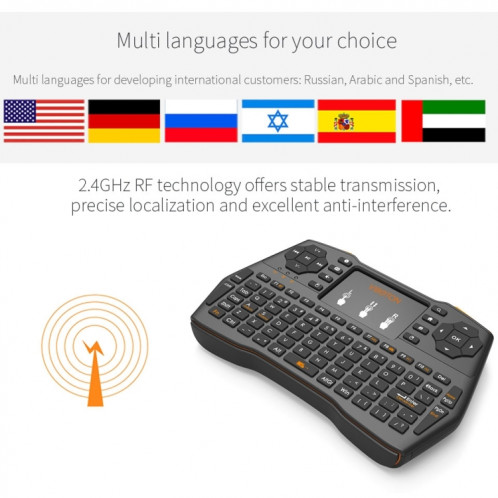 VIBOTON i8 Plus Mis à jour 2.4GHz QWERT Mini clavier sans fil avec pavé tactile pour TV Box, Mi Box, ordinateur, tablette, ordinateur portable et projecteur (Noir) SV20901583-013