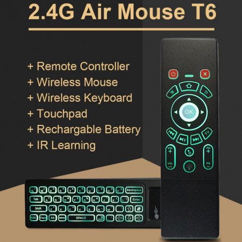 T6 Air Mouse 2.4GHz clavier sans fil à distance avec Touchpad & IR apprentissage pour PC, Android TV Box / Smart TV, appareils multimédia ST30141549-012