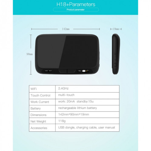 H18 + 2.4GHz mini clavier sans fil tactile complet avec rétro-éclairage réglable de 3 niveaux (noir) SH552196-013