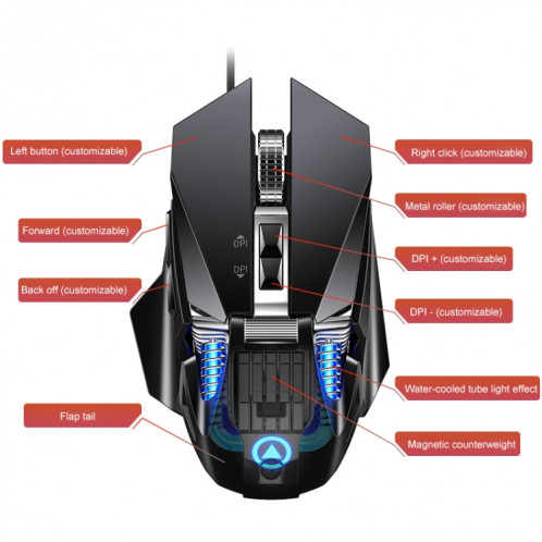 YINDIAO G10 7200DPI 7 modes réglables 7 touches RGB Light Wired Metal Metal Hard Core Macro Mouse, Style: Version Audio (Noir) SY566B441-09