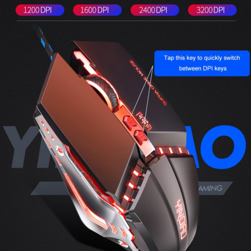 YINDIAO 3200DPI 4 modes Réglable 7 touches RGB Lumière Filaire Métal Mécanique Hard Core Macro Mouse, Style: Version Audio (Noir) SY67BB743-07