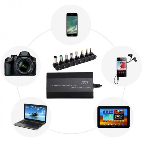 Ordinateur portable Power Power 100W Universal Charger avec chargeur de voiture et adaptateur de puissance AC et 8 adaptateurs électriques et 1 port USB pour Samsung, Sony, Asus, Acer, IBM, HP, Dell, SH53EU250-09