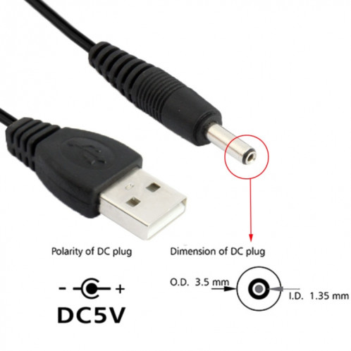 Câble d'alimentation USB mâle vers DC 3,5 x 1,35 mm, longueur: 1,2 m (noir) SH000B1855-03
