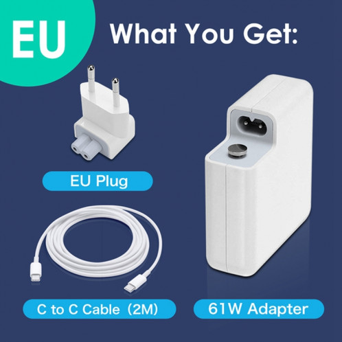Adaptateur secteur 61W USB-C / Type-C avec 2m USB Type-C mâle vers USB Type-C câble de charge mâle, pour iPhone, Galaxy, Huawei, Xiaomi, LG, HTC et autres téléphones intelligents, appareils rechargeables, SH3007620-08
