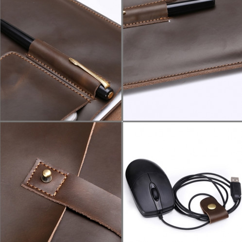 Sac de comprimé d'ordinateur portable d'affaires en cuir véritable universel avec enrouleur de câble, pour 15,4 pouces et ci-dessous Macbook, Samsung, Lenovo, Sony, DELL Alienware, CHUWI, ASUS, HP (café) SS063C821-07