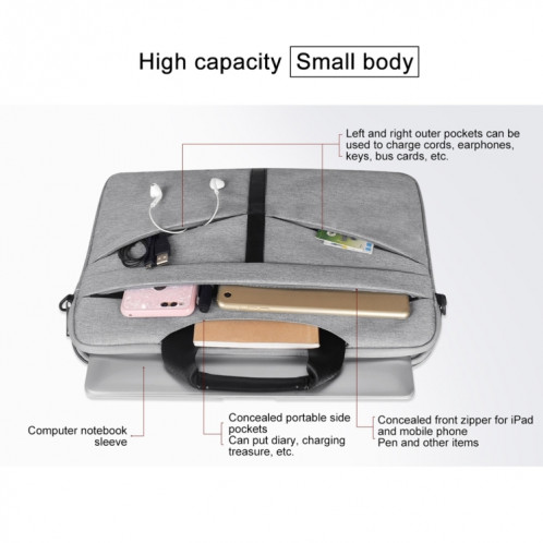 14,1 pouces respirant sac à bandoulière pour ordinateur portable ordinateur de poche zippé avec une bandoulière (gris clair) SH01LH532-011